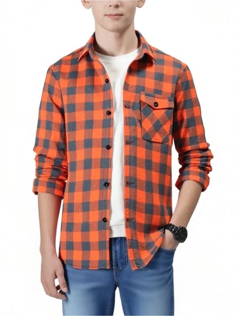 CROMONCENT Teenagers Orange Plaid Flannel Button-Down Shirt NWOT